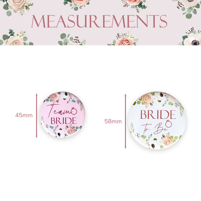 8 Light Pink Floral Team Bride Hen Party Badges and 1x White Floral Bride to Be