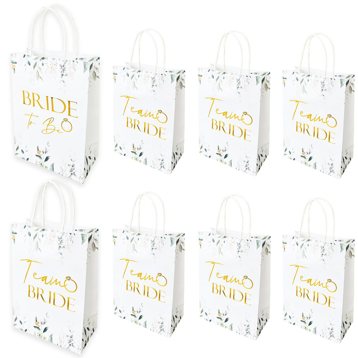 9 Pack Hen Party Bags (8x Team Bride 1x Bride to Be) Paper Bags Botanical with Gold Foil Text