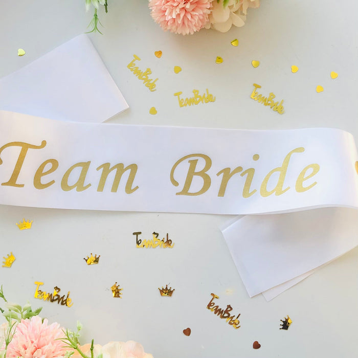 Pack of 14 Team Bride White and Gold Sashes and 1 Bride to Be Sash White and Gold