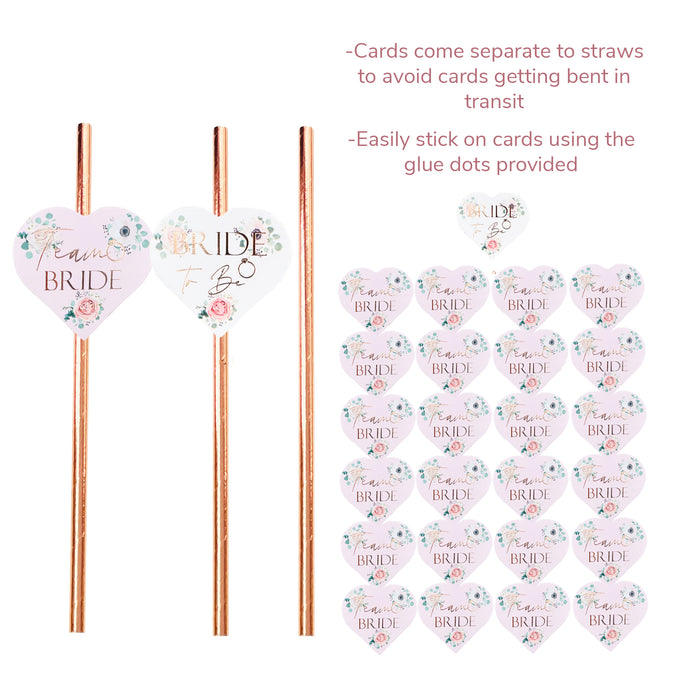 25 Pack Hen Party Paper Straws Pink Floral 24 Team Bride 1 Bride to Be