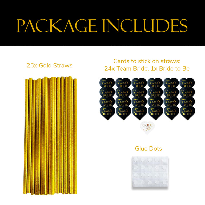 25 Pack Hen Party Paper Straws Black and Gold 24 Team Bride 1 Bride to Be