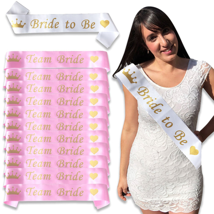 Pack of 14 Team Bride Pink and Gold Sashes and 1 Bride to Be Sash White and Gold