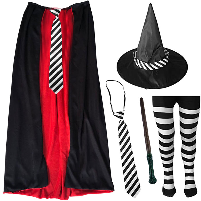 Childrens Kids Girls 5 Piece Striped Witch Fancy Dress Costume World Book Day (Cape,Hat,Tie,Tights,Wand)