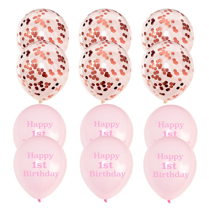 1st Birthday Confetti Latex Balloons Light Pink Rose Gold Pack of 12 Girls