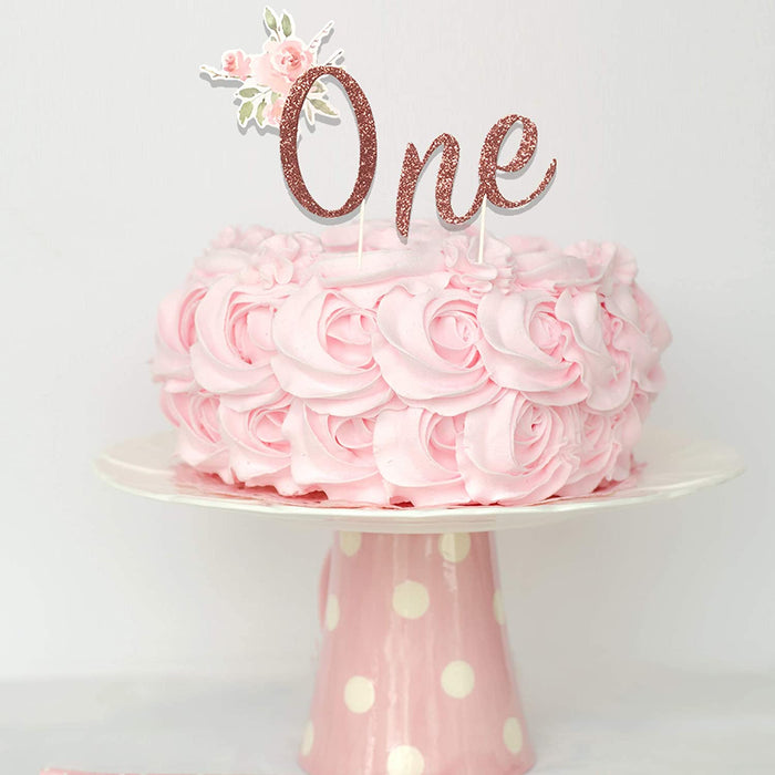 1st Birthday Cake Topper Rose Gold Floral Girls