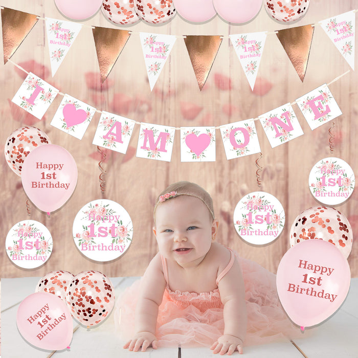 20 Piece 1st Birthday Decorations Set Pink Floral for Girls