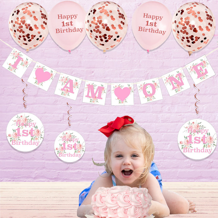 20 Piece 1st Birthday Decorations Set Pink Floral for Girls