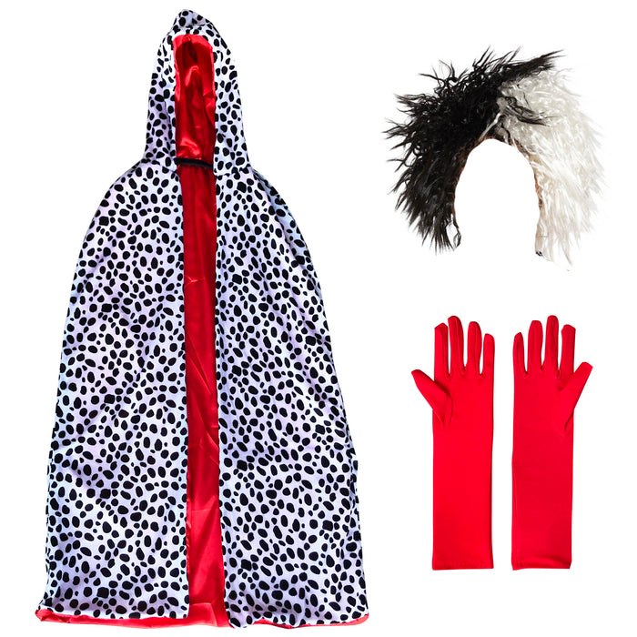 Childrens Girls Dalmatian Fancy Dress Costume (Cape, Wig, Red Gloves)