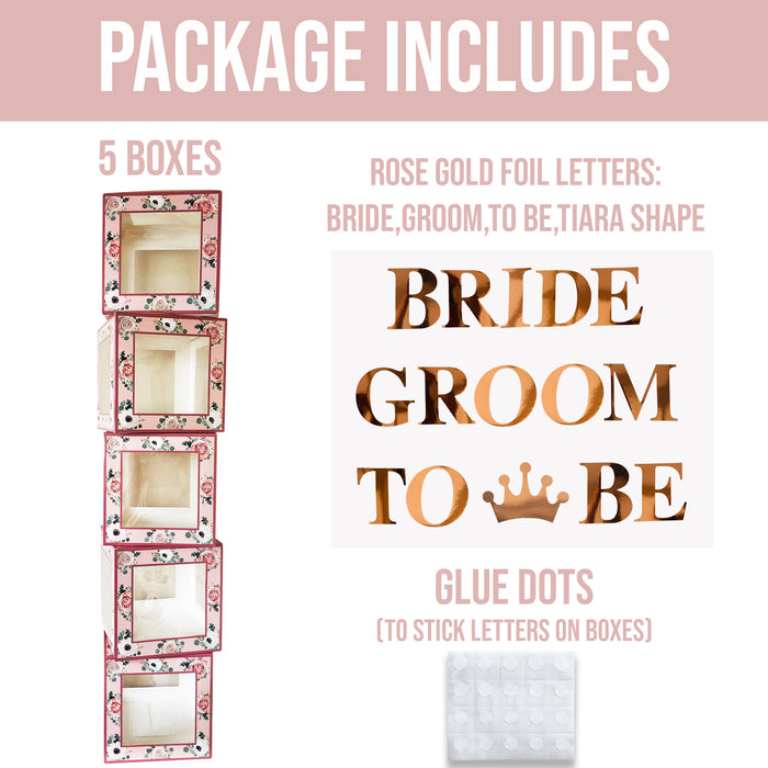 Bride Balloon Boxes Rose Gold Floral Hen Party Decorations Accessories 5 Boxes Bride to Be Groom Letters