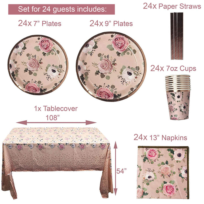 Rose Gold Dinnerware Set for 24 Guests (Cups, Plates, Napkins and Straws)