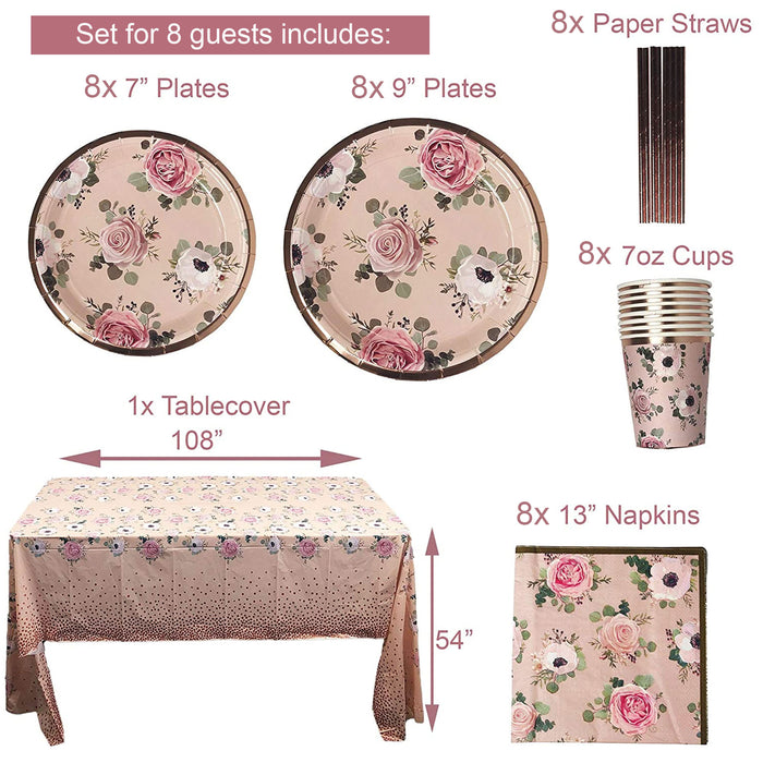 Rose Gold Dinnerware Set for 8 Guests (Cups, Plates, Napkins and Straws)