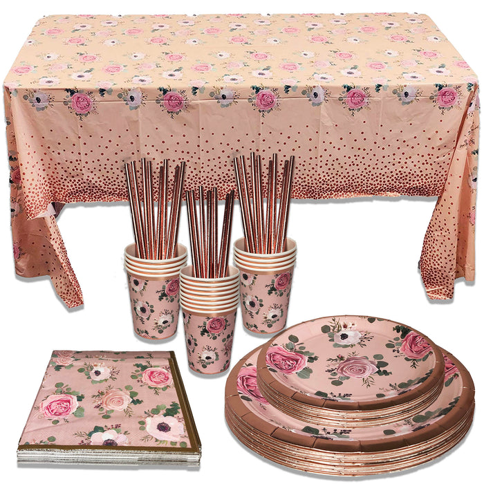 Rose Gold Dinnerware Set for 16 Guests (Cups, Plates, Napkins and Straws)