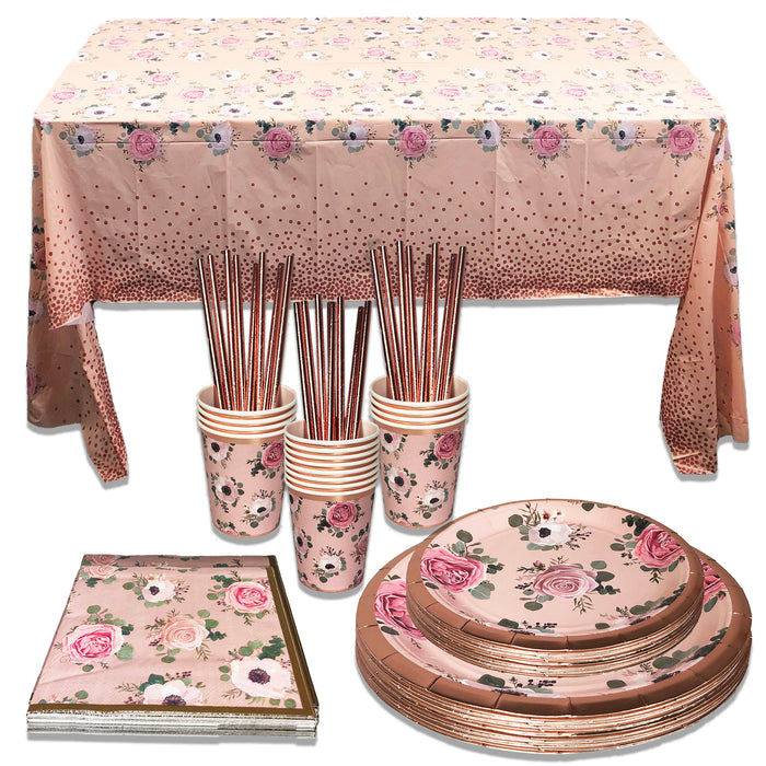 Rose Gold Dinnerware Set for 24 Guests (Cups, Plates, Napkins and Straws)