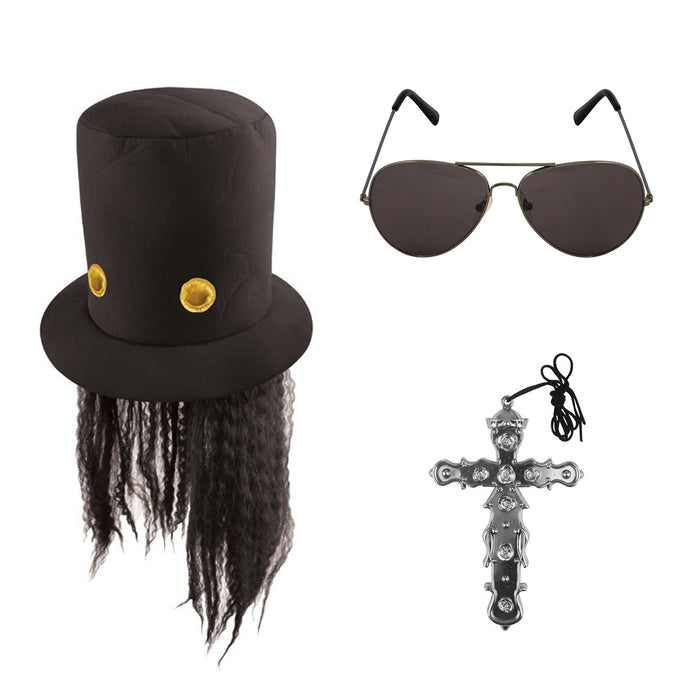 3 Piece Heavy Metal Rocker Set Hat with Wig Cross Necklace Sunglasses