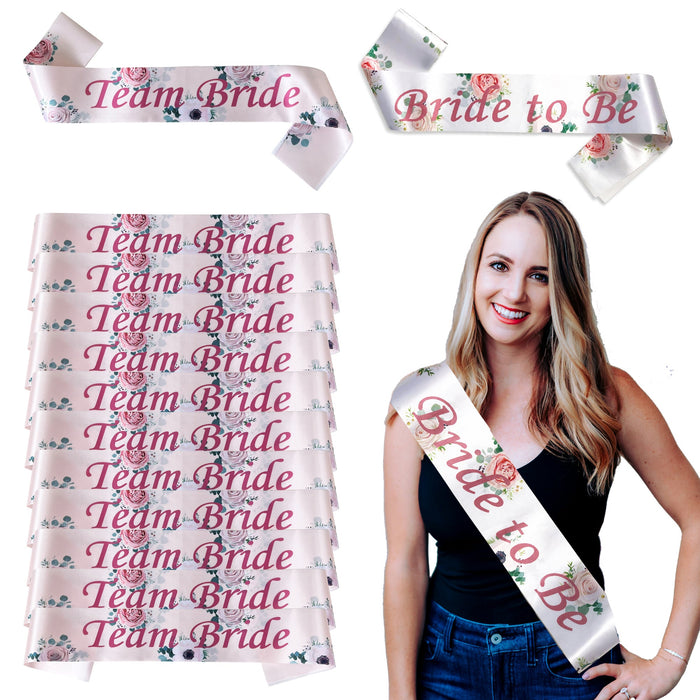 Pack of 14 Team Bride Rose Gold Floral Sashes and 1 Bride to Be Sash, White Floral