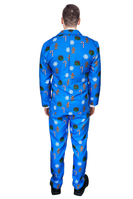 Mens Blue Christmas Suit and Tie Set - Gingerbread Men and Candy Canes