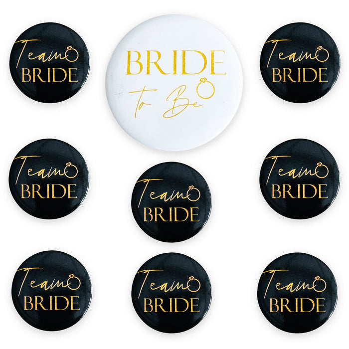 8 Black and Gold Team Bride Hen Party Badges and 1x White and Gold Bride to Be