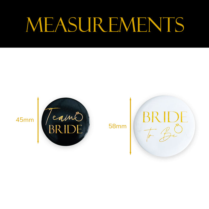 8 Black and Gold Team Bride Hen Party Badges and 1x White and Gold Bride to Be