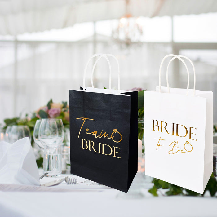 9 Pack Hen Party Bags (8x Team Bride 1x Bride to Be) Paper Bags Black and Gold Foil