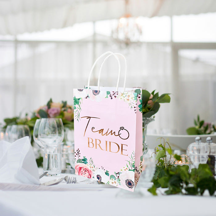 Hen Party Team Bride Paper Bag Light Pink Floral with Rose Gold Foil Text