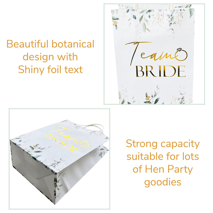 9 Pack Hen Party Bags (8x Team Bride 1x Bride to Be) Paper Bags Botanical with Gold Foil Text