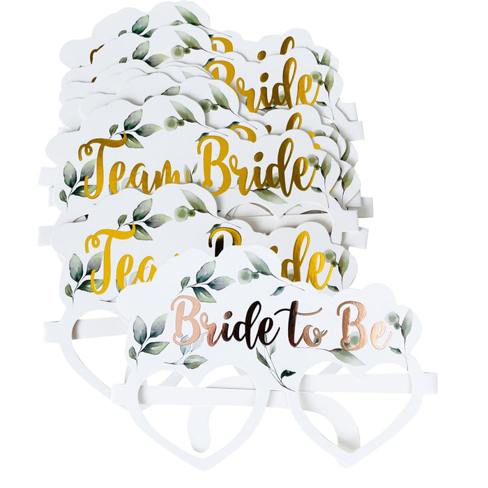 8 Botanical Team Bride Hen Party Card Glasses and 1x White and Gold Bride to Be
