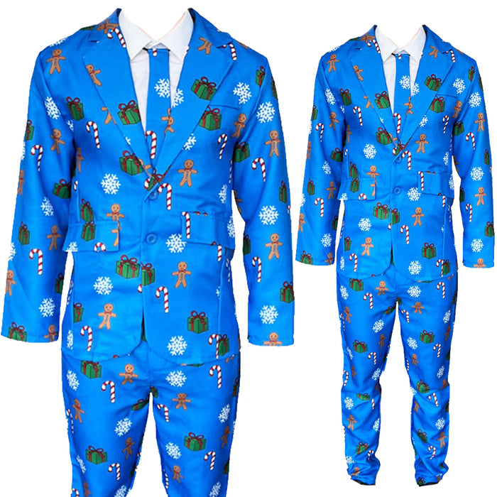 Mens Blue Christmas Suit and Tie Set - Gingerbread Men and Candy Canes