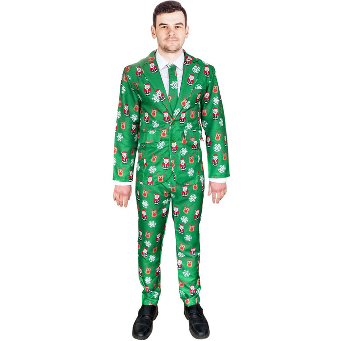 Mens Green Christmas Suit and Tie Set - Reindeer and Santa Claus