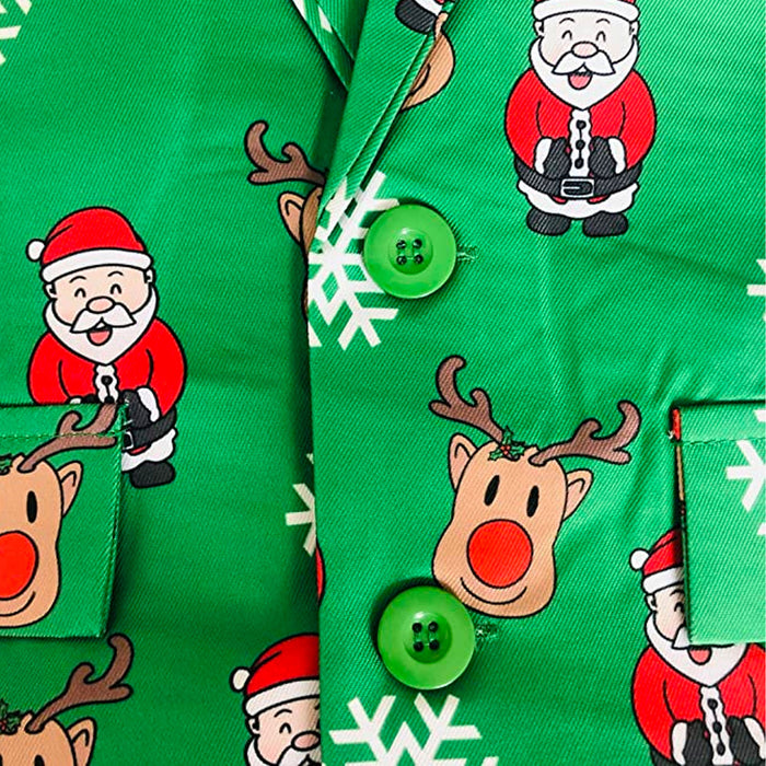 Mens Green Christmas Suit and Tie Set - Reindeer and Santa Claus
