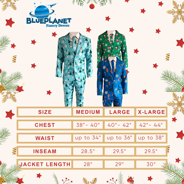 Mens Light Blue Christmas Suit and Tie Set - Snowmen and Christmas Trees