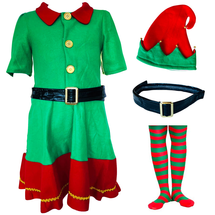 Childrens Kids Girls Elf Santas Helper Fancy Dress Costume & Red Green Tights 4-12 Years