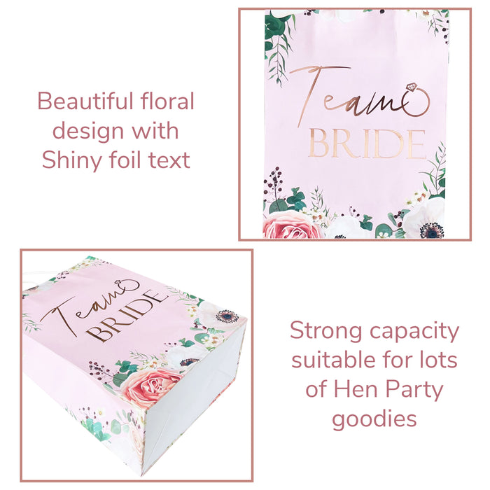 9 Pack Hen Party Bags (8x Team Bride 1x Bride to Be) Paper Bags Light Pink Floral with Rose Gold Foil Text