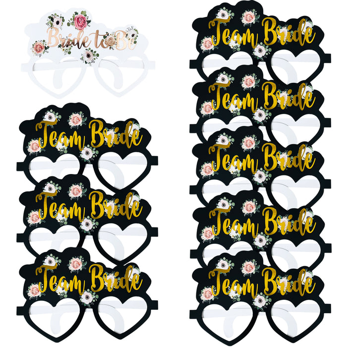 8 Black Floral Team Bride Hen Party Card Glasses and 1x Bride to Be