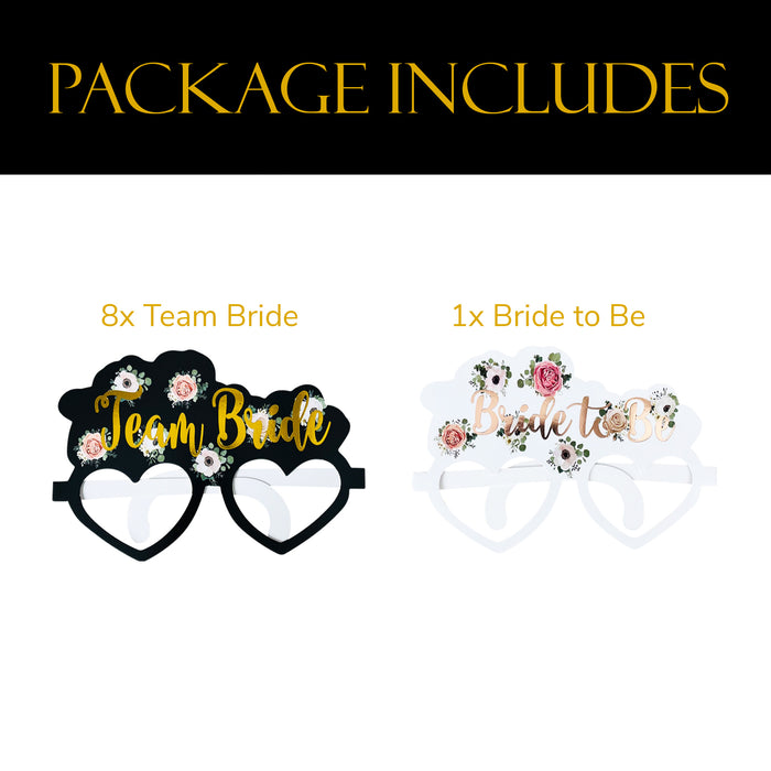 8 Black Floral Team Bride Hen Party Card Glasses and 1x Bride to Be