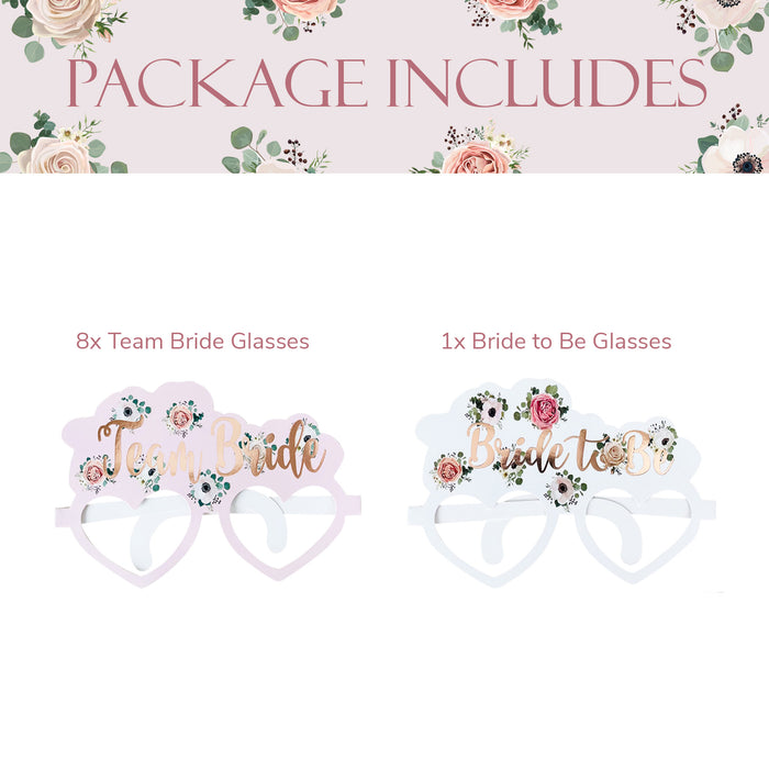 8 Pink Floral Team Bride Hen Party Card Glasses and 1x Bride to Be