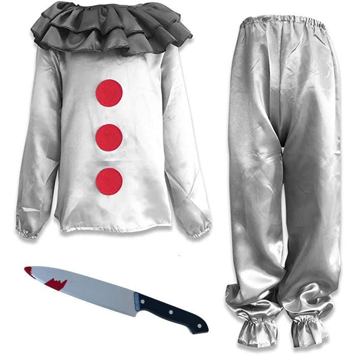Childrens Kids Boys Girls Grey Killer Clown Fancy Dress Costume and Fake Knife