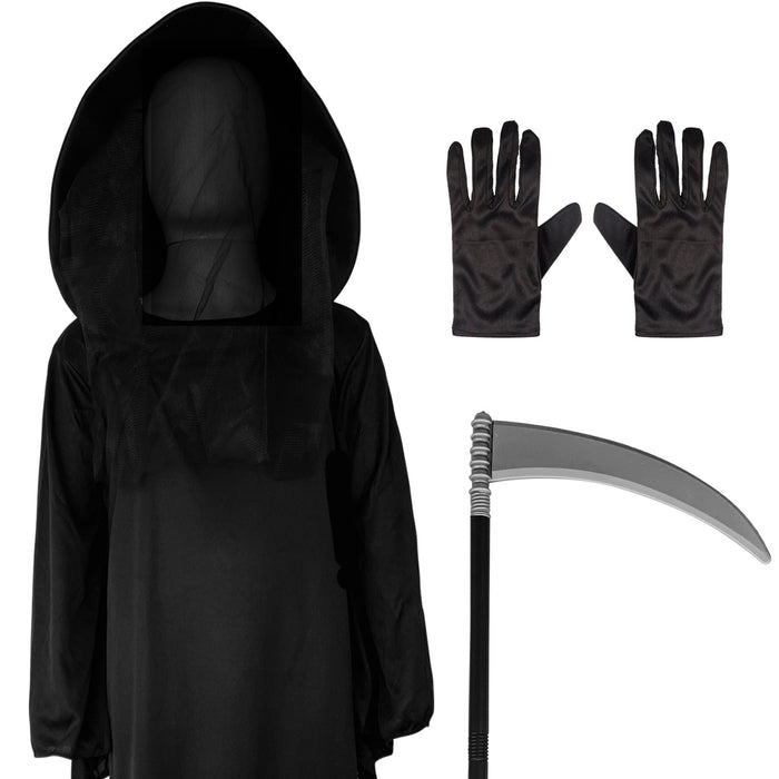 Childrens Kids Boys Girls Grim Reaper Death Fancy Dress Costume and Scythe