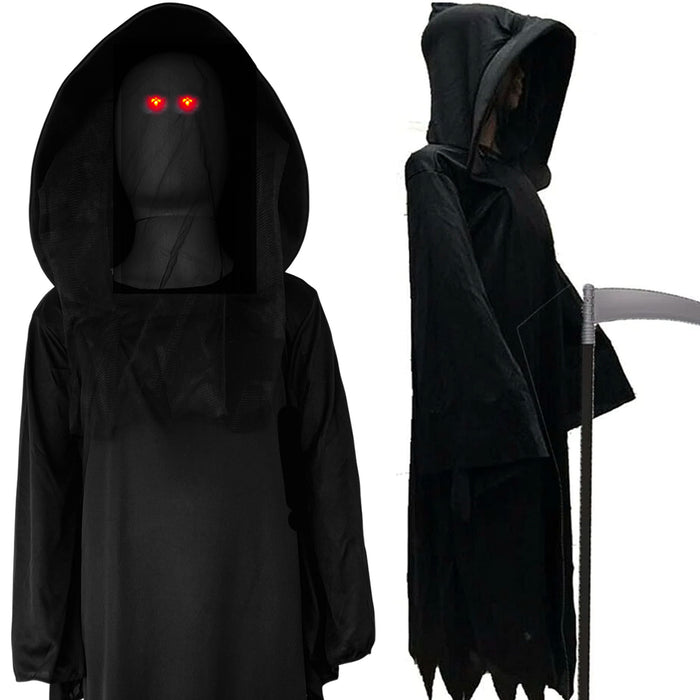 Adults Glaring Grim Reaper Fancy Dress Costume Scythe Light Up Eyes Halloween Death