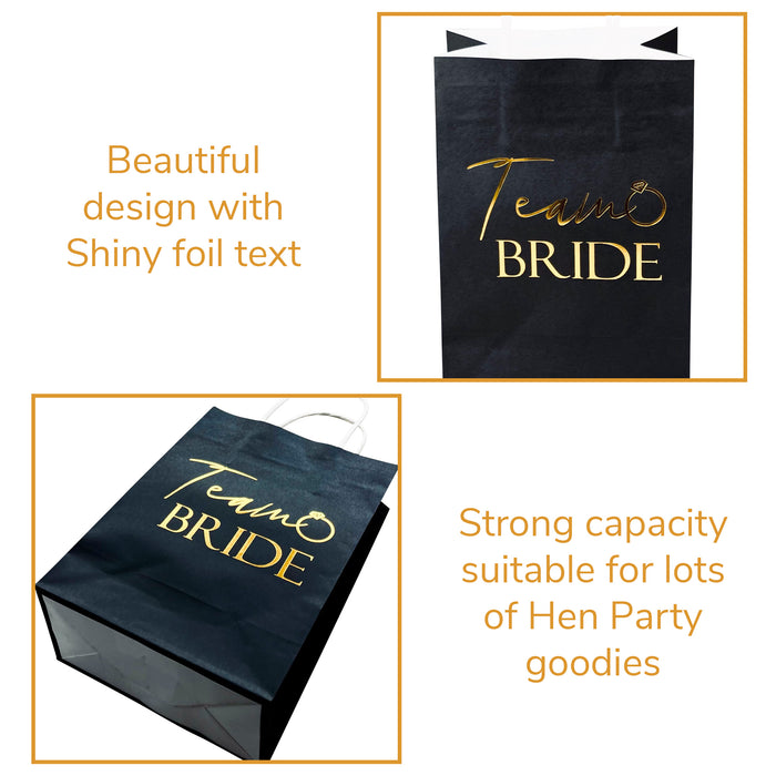 9 Pack Hen Party Bags (8x Team Bride 1x Bride to Be) Paper Bags Black and Gold Foil