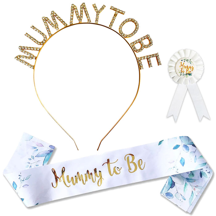 Mummy to Be Rose Gold Tiara, Rosette and Sash Neutral Floral Gold Text Baby Shower