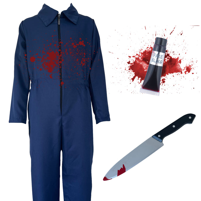Childrens Kids Boys Girls Navy Boiler Suit, Fake Knife and Blood Fancy Dress Costume 4-12 Years