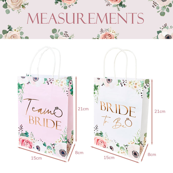 9 Pack Hen Party Bags (8x Team Bride 1x Bride to Be) Paper Bags Light Pink Floral with Rose Gold Foil Text