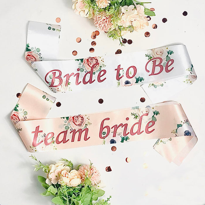 Pack of 14 Team Bride Rose Gold Floral Sashes and 1 Bride to Be Sash, White Floral