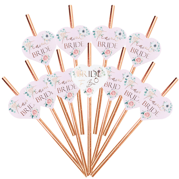 25 Pack Hen Party Paper Straws Pink Floral 24 Team Bride 1 Bride to Be