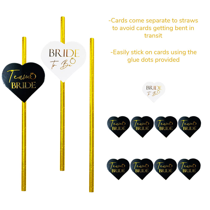 9 Pack Hen Party Paper Straws Black and Gold 8 Team Bride 1 Bride to Be