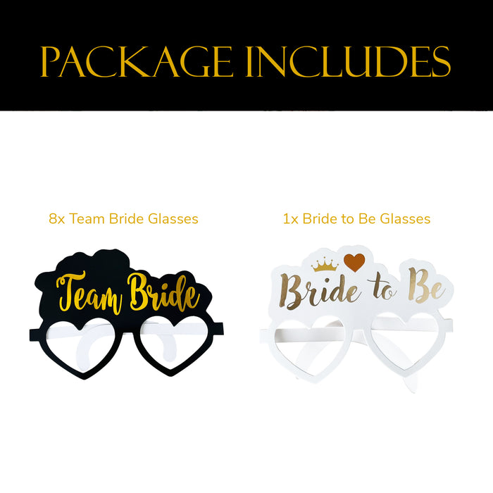 8 Black and Gold Team Bride Hen Party Card Glasses and 1x White and Gold Bride to Be