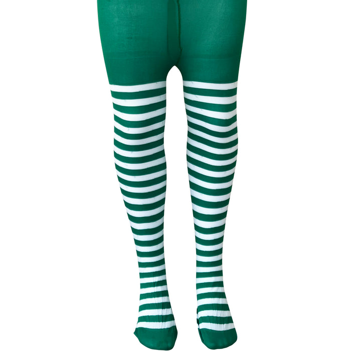 Children's Girls Green and White Striped Tights Elf Christmas Fancy Dress 4-12 Years