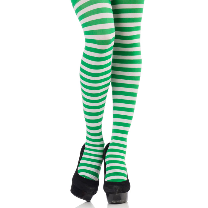 Ladies Green and White Striped Tights Elf Christmas Fancy Dress