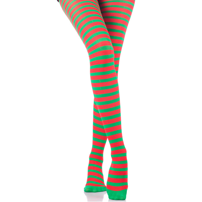 Ladies Red and Green Striped Tights Elf Christmas Fancy Dress