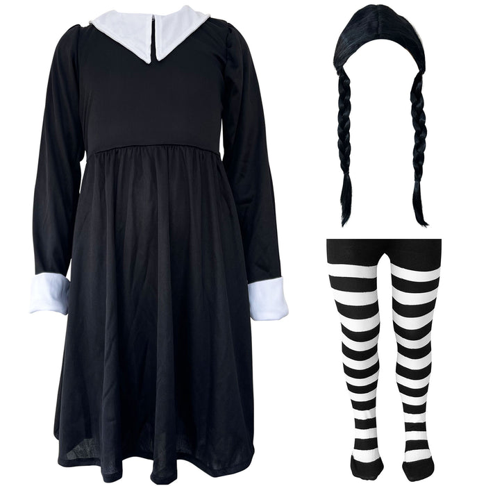 Childrens Kids Girls Scary Daughter Gothic Family Fancy Dress Costume Tights and Wig 7-12 Years